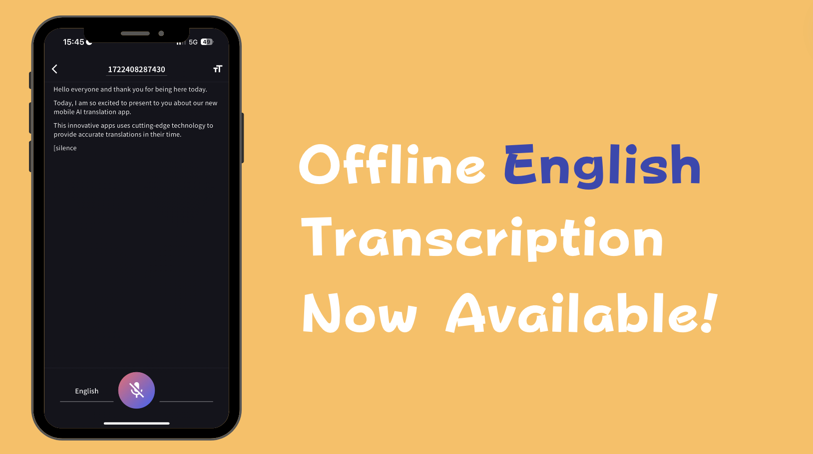 スマートフォンの英文文字起こし画面と、オフライン英語文字起こしの提供開始を伝える2024年の告知画像