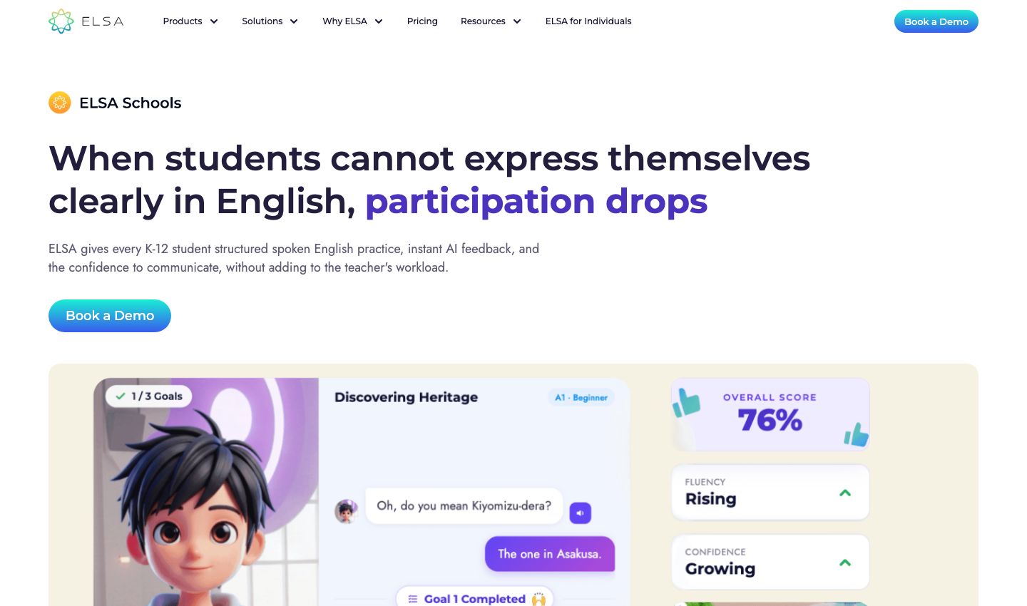 ELSA Schoolsの公式ページ。学校向けの英語学習と教師による管理を紹介