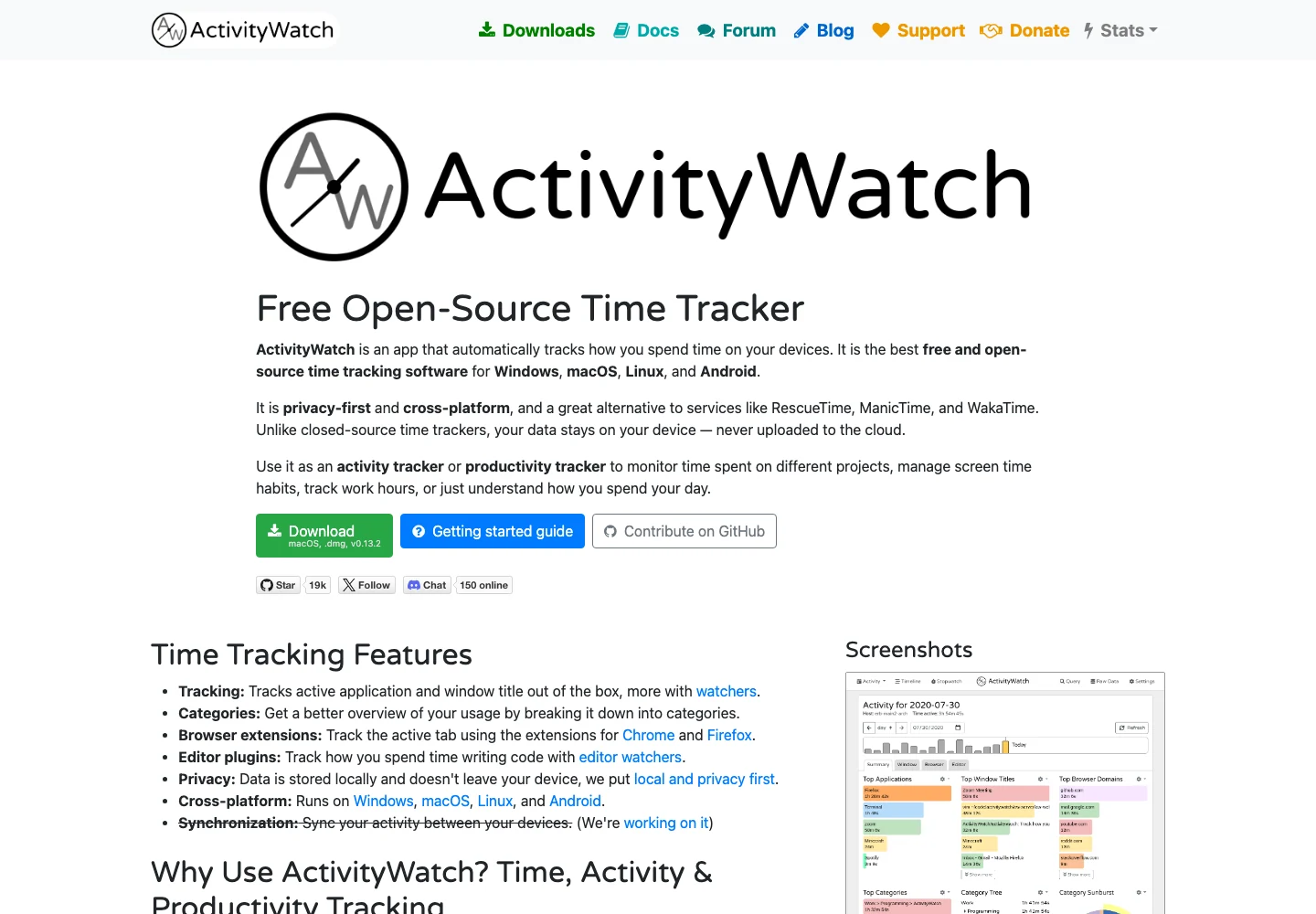 ActivityWatchの公式ページ。無料のオープンソース時間記録と端末内保存を説明している