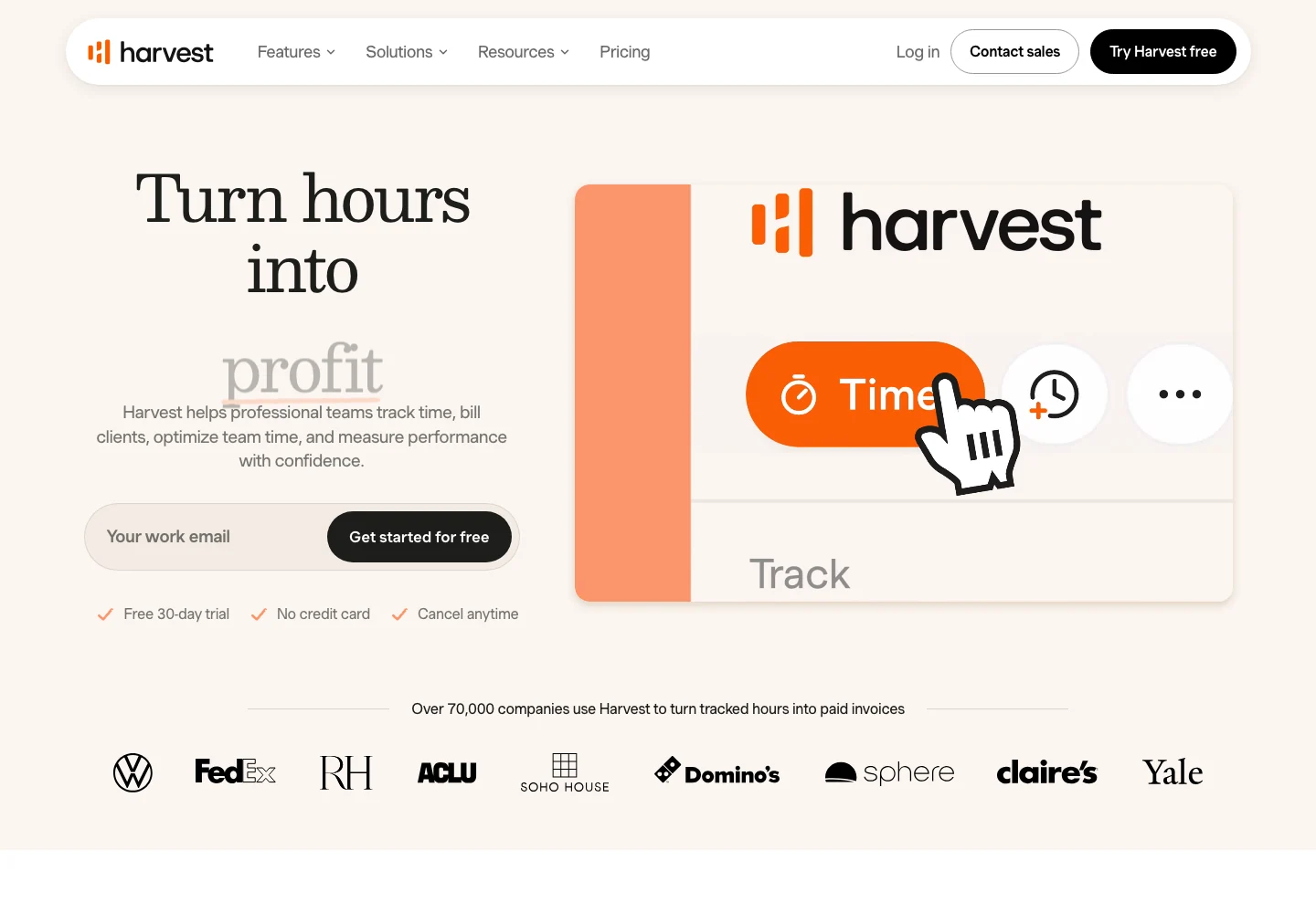 Harvestの公式ページ。時間記録と案件の分析を紹介している