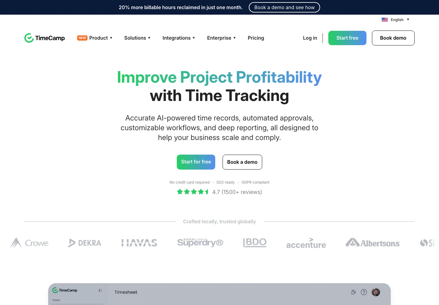 TimeCampの公式ページ。タイムシートとプロジェクト別レポートを紹介している