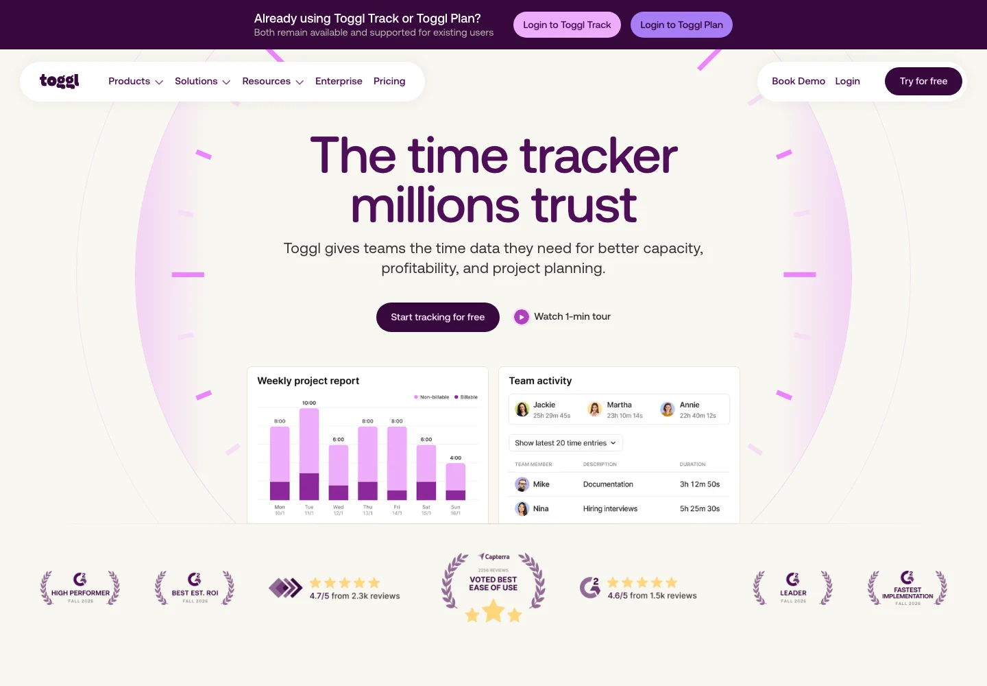 Togglの公式ページ。時間記録とチームの計画を紹介している