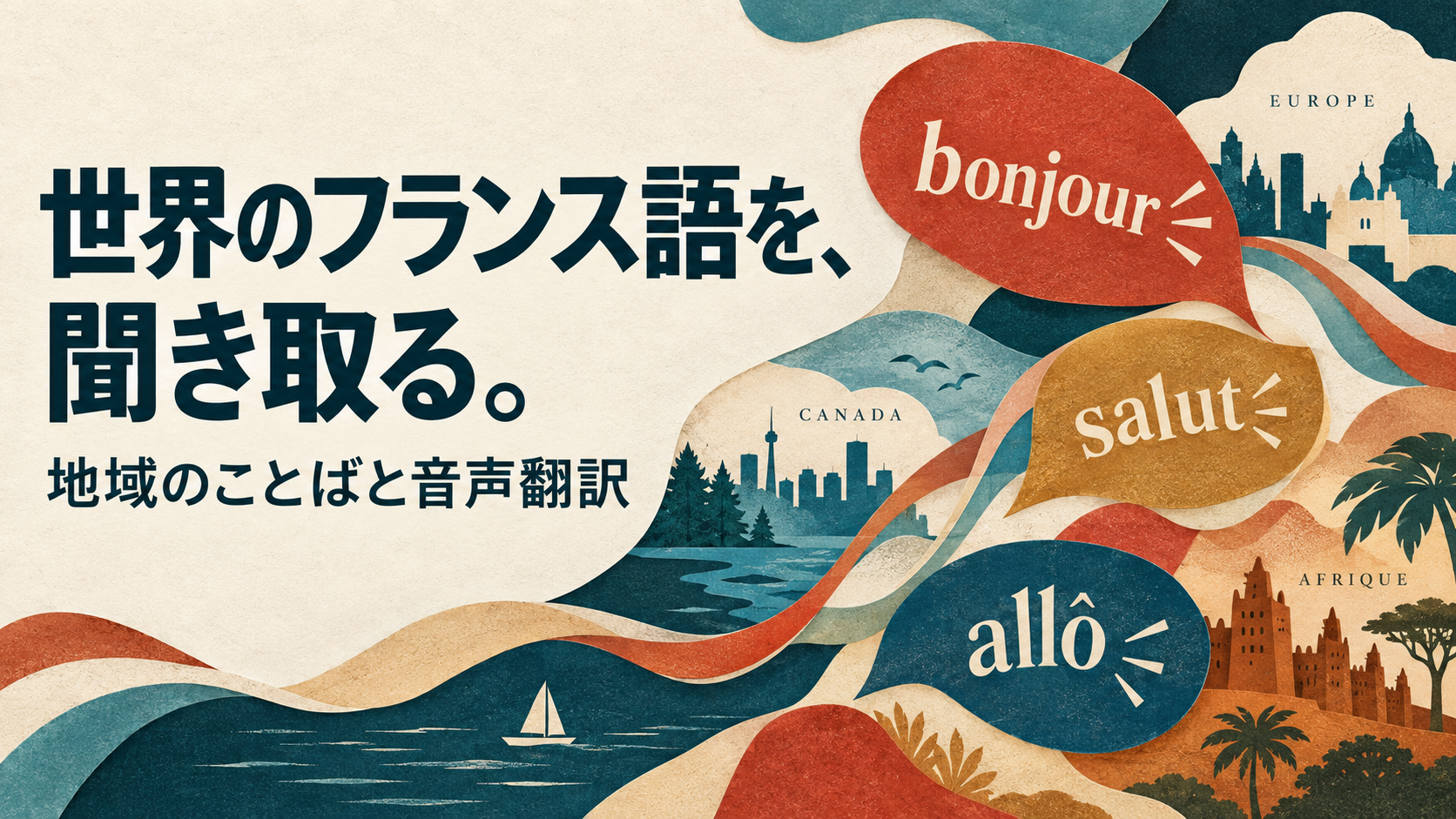 「世界のフランス語を、聞き取る。地域のことばと音声翻訳」のコピーと、カナダ・欧州・アフリカをつなぐ色紙の波と吹き出し