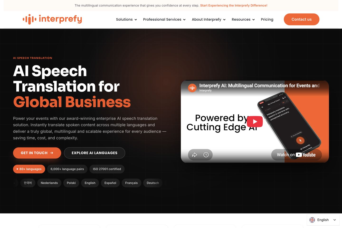 Interprefy AI Speech Translationの公式製品ページ。多言語イベント向けの音声翻訳と字幕の紹介