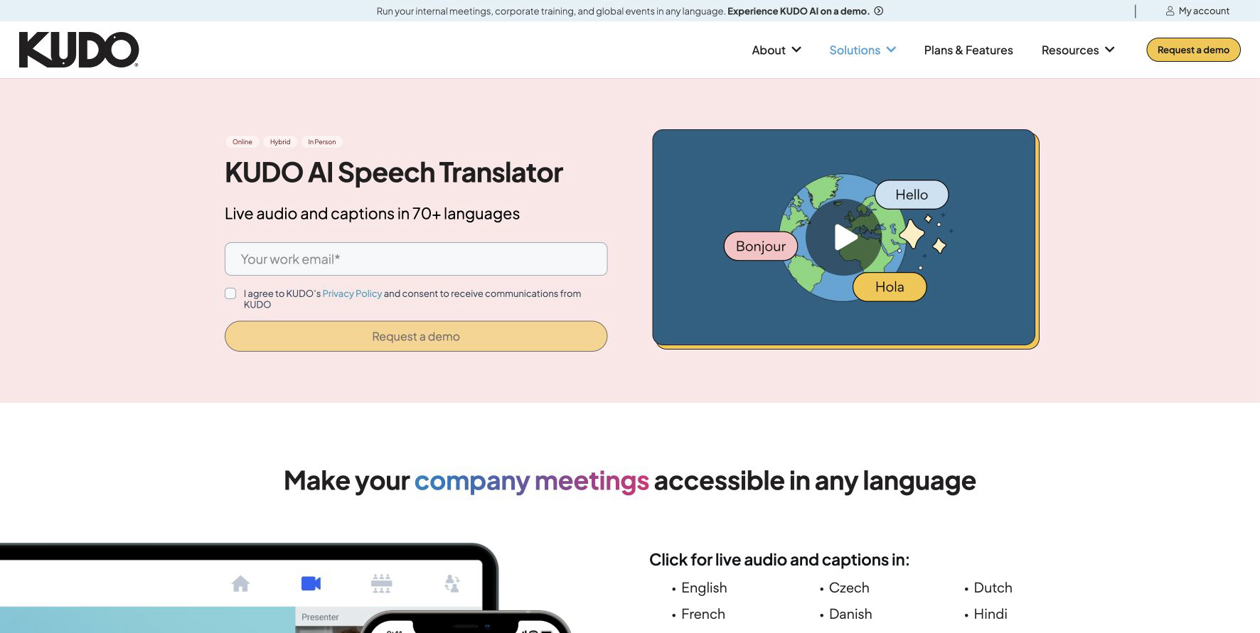 KUDO AI Speech Translatorの公式ページ。会議向けの翻訳音声・字幕とデモの案内