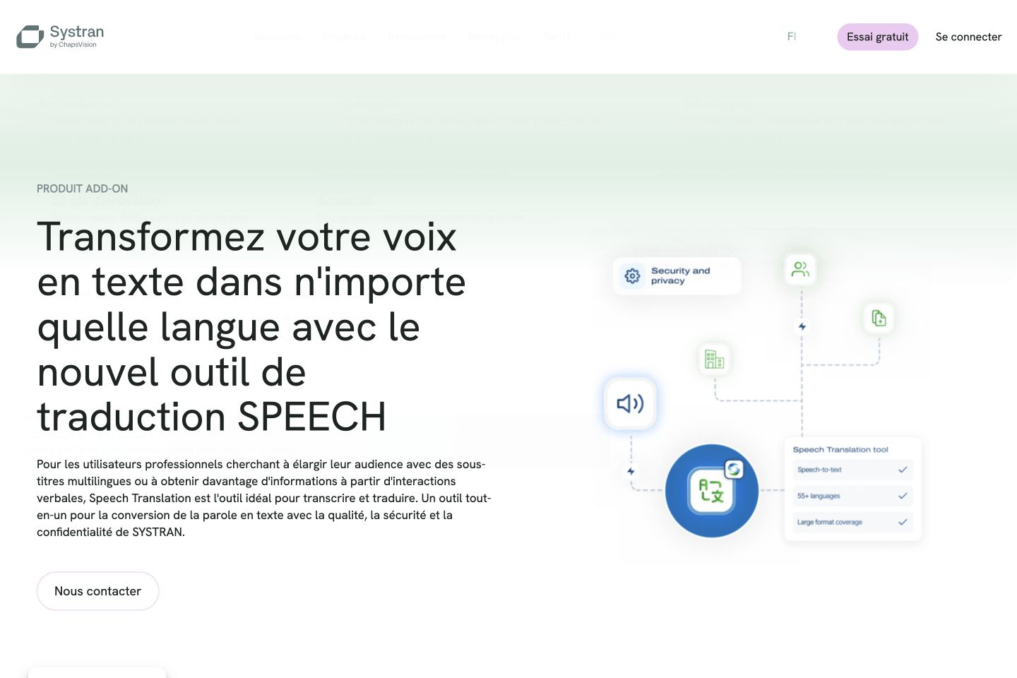 SYSTRAN Speech Translationの公式製品ページ。音声からテキストへの変換と翻訳を説明