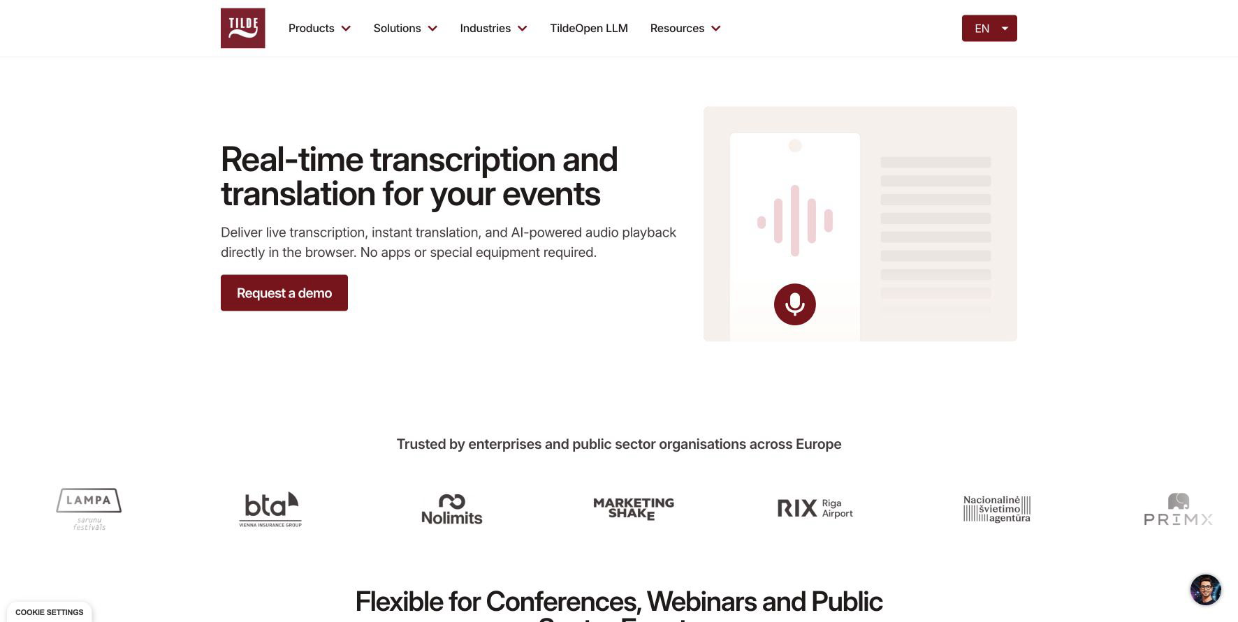 Tilde Event Assistantの公式ページ。ブラウザーでの文字起こし・翻訳・音声再生の説明