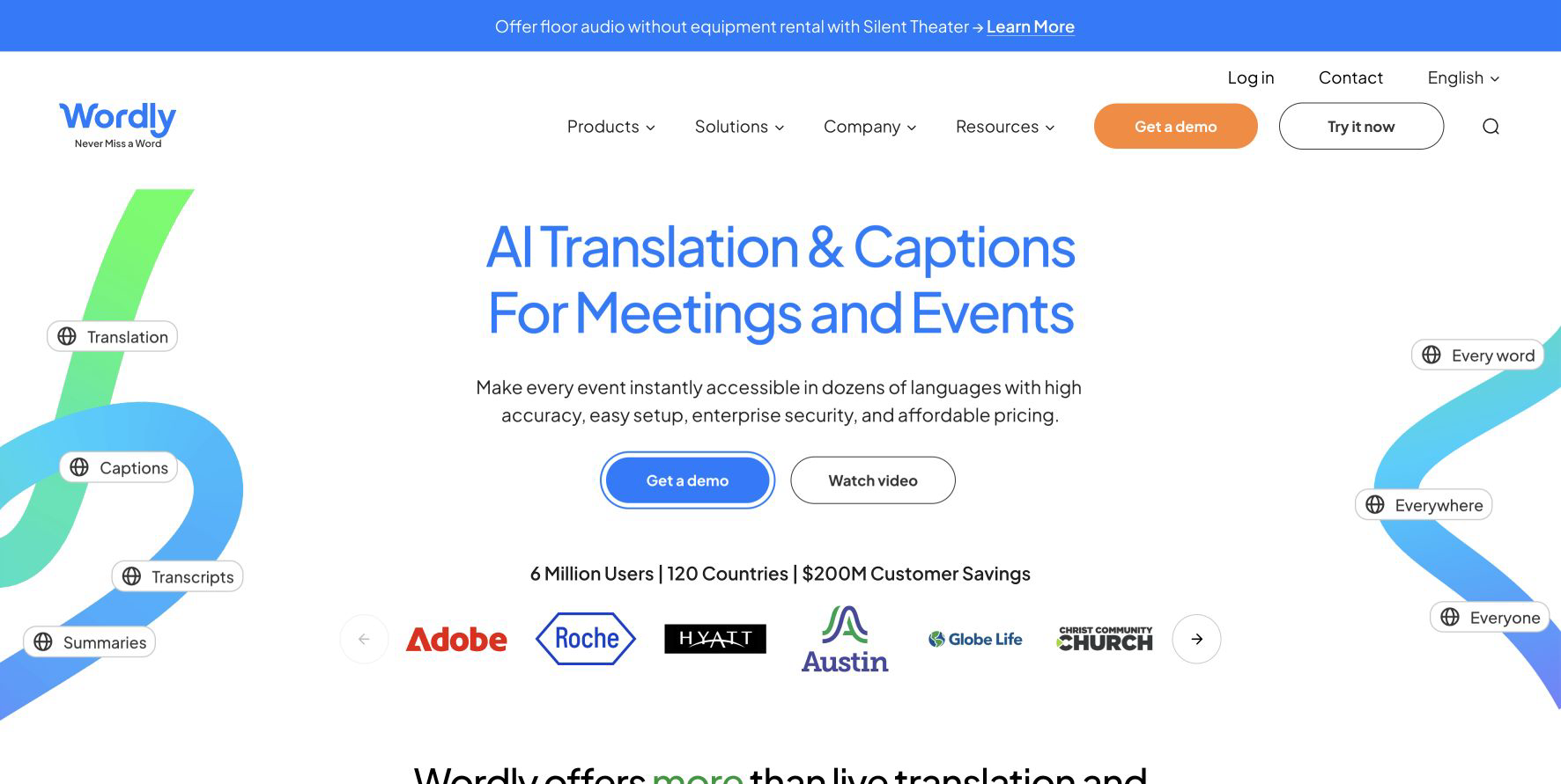 Wordlyの公式ページ。会議・イベント向けのAI音声翻訳と字幕の紹介
