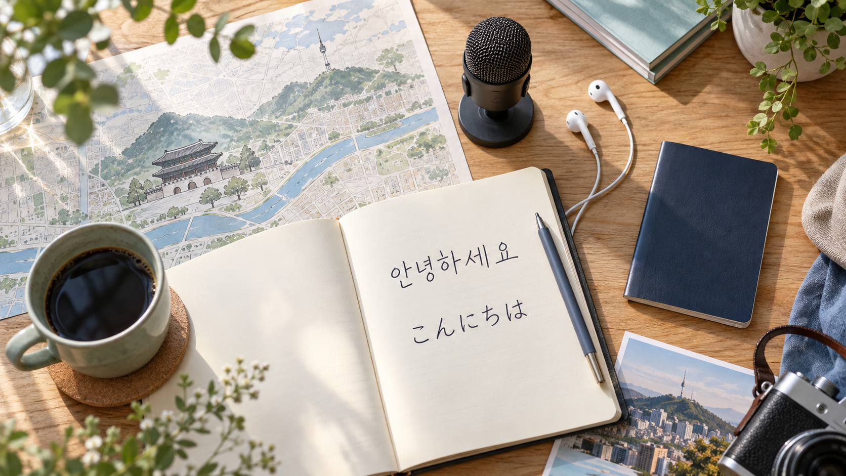 韓国語と日本語の挨拶を書いたノート、ソウルの地図、マイクを並べた旅行と学習の机