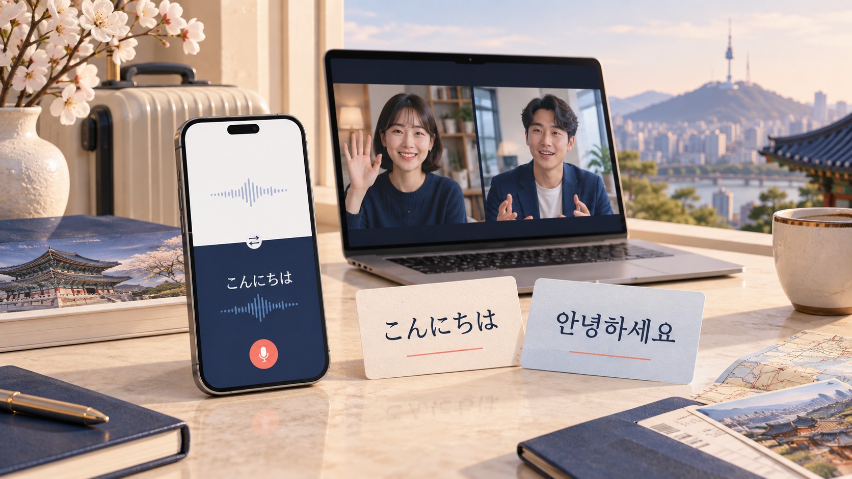 ソウルを背景に、日韓翻訳のスマートフォン、オンライン会議、日本語と韓国語の挨拶カードを並べたイメージ