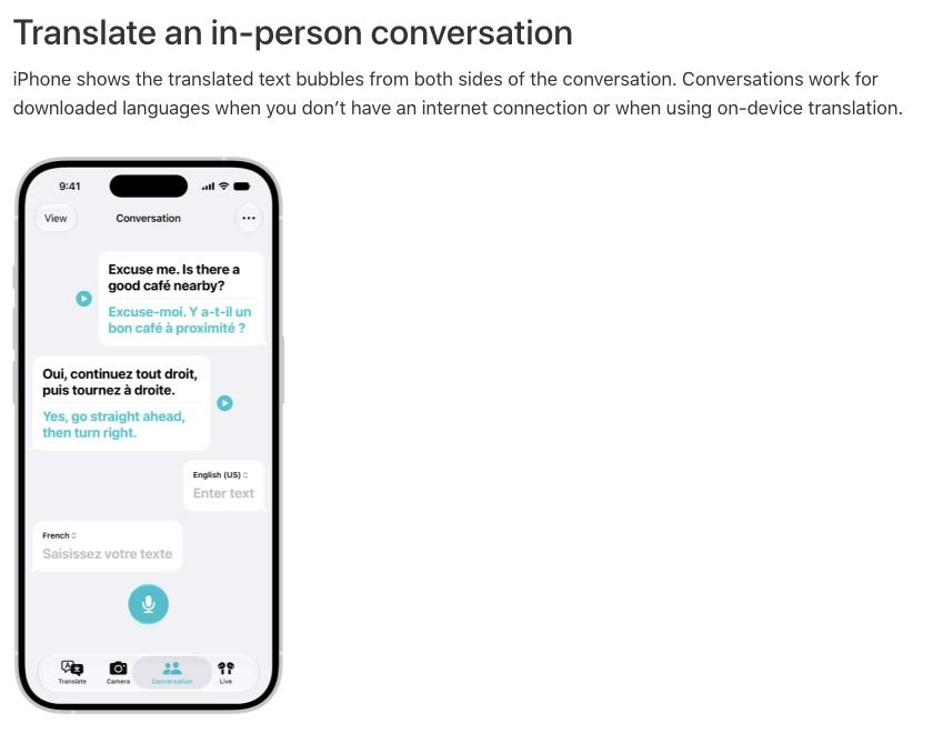 会話の吹き出しとマイク・再生操作が見えるApple翻訳アプリ
