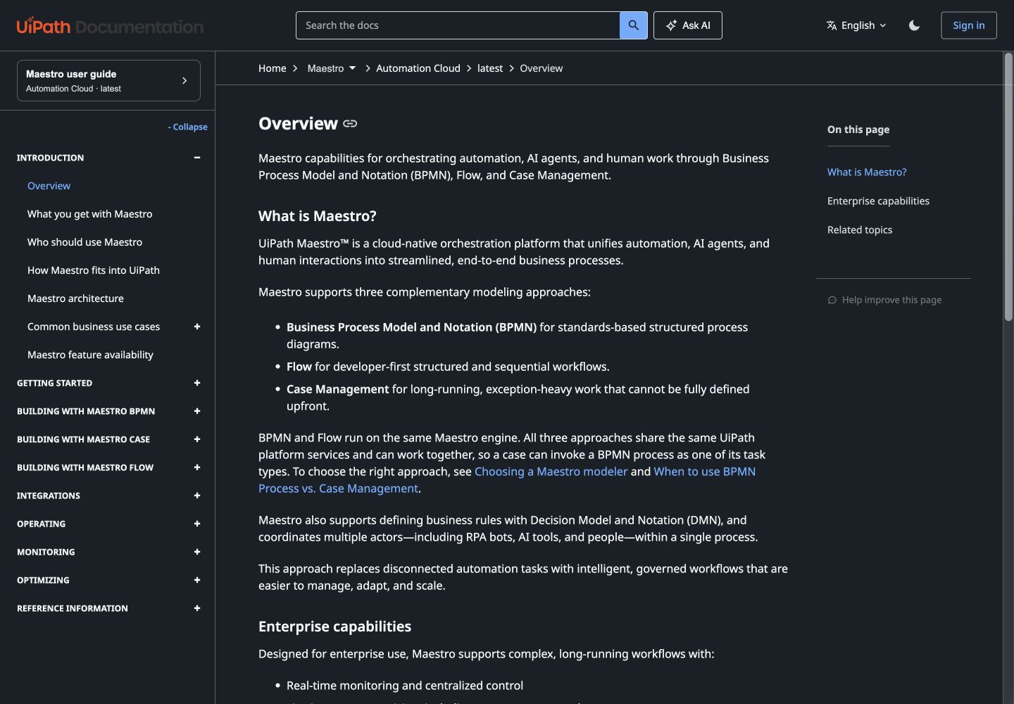 業務プロセスの制御を説明するUiPath Maestroの公式ドキュメント。