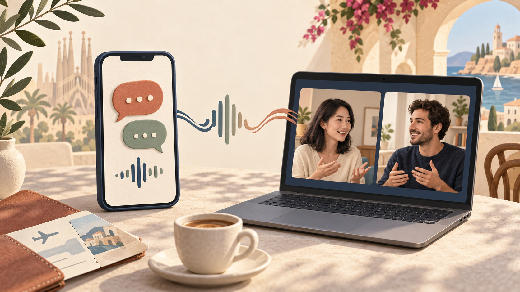 スマートフォンでの会話翻訳と、ノートPCを使った海外とのオンライン会議を表すイラスト