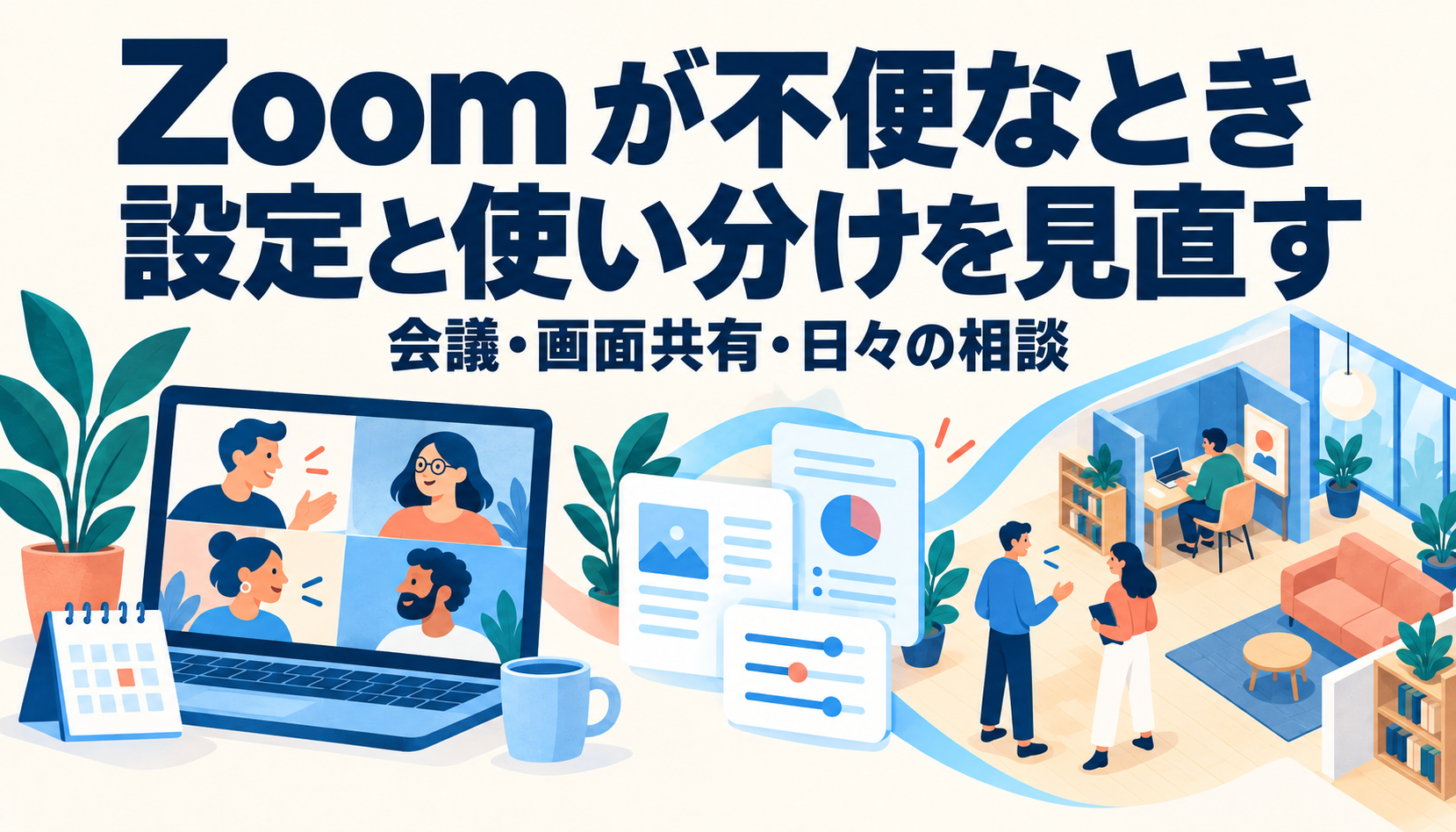 Zoomが不便なとき、設定と使い分けを見直す。会議・画面共有・日々の相談を表すイラスト