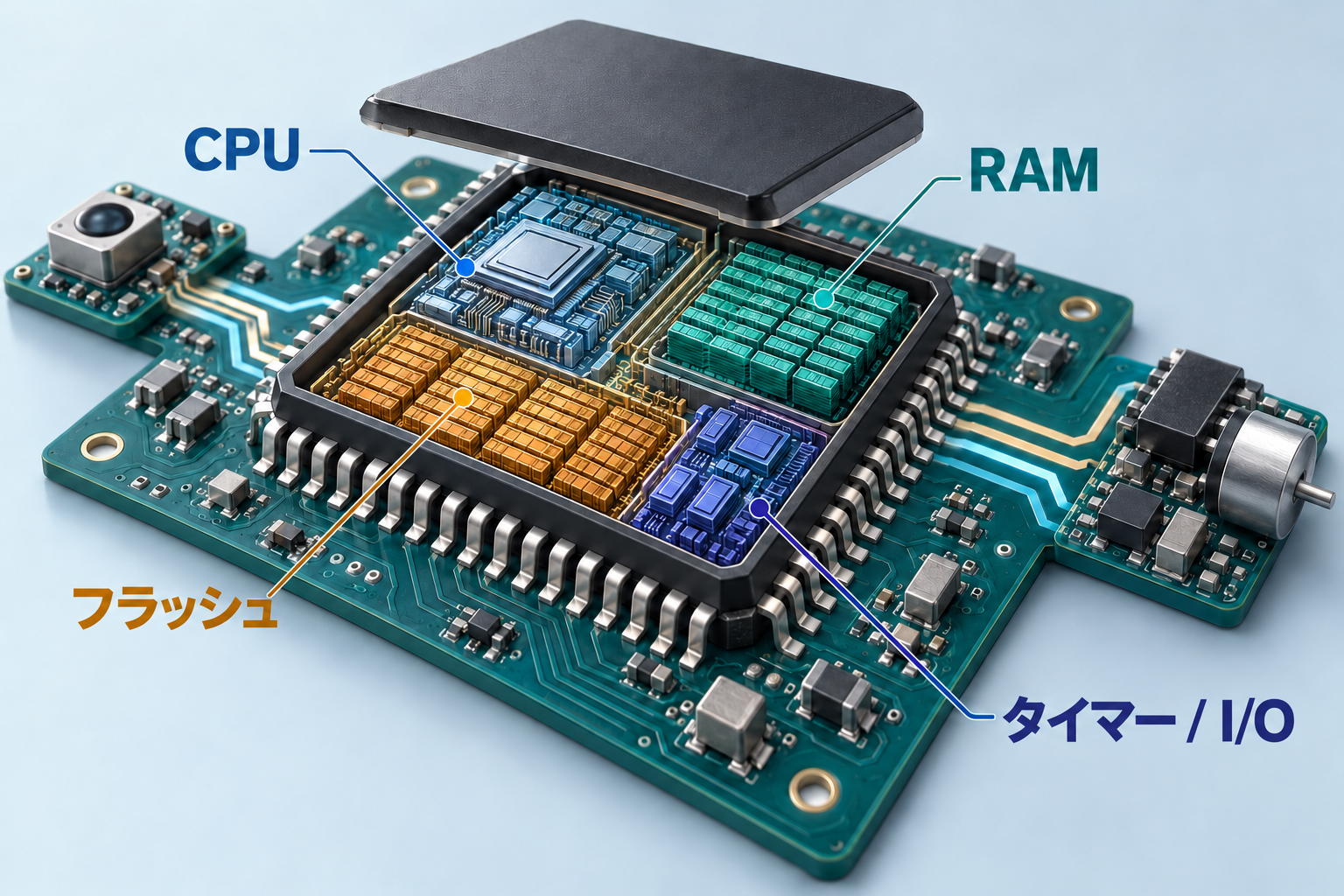 マイコンの機能を示す概念断面図。CPUは命令を実行し、RAMは作業状態を保持し、フラッシュはファームウェアを保存し、タイマーとI/Oは周辺機器の信号を生成します。