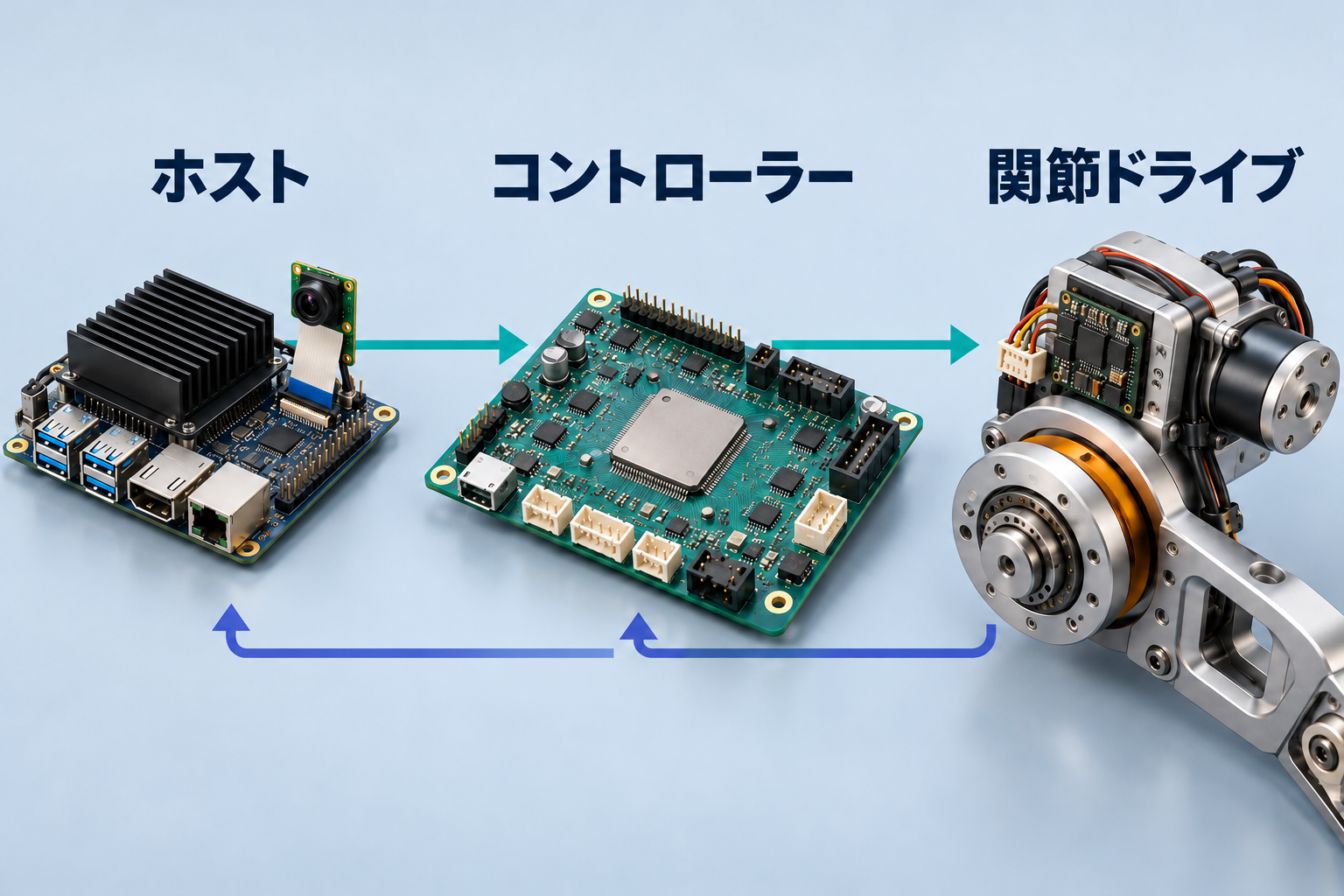 ホストからマイコン、関節ドライブへ目標値を送ります。青緑の矢印は送信指令、藍色の矢印は実測フィードバックを示します。