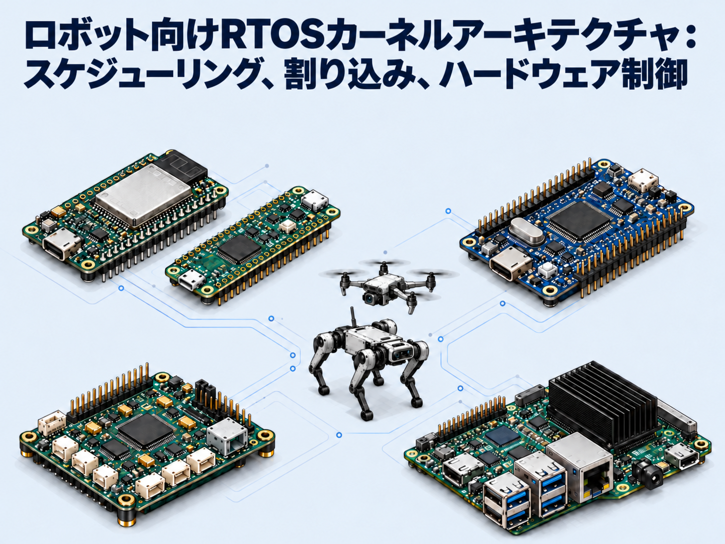 ロボット向けRTOSカーネルアーキテクチャ：スケジューリング、割り込み、ハードウェア制御。青緑・青・緑のマイコン、フライトコントローラー、アプリケーションプロセッサーの基板が、小型の四足歩行ロボットとドローンを囲んでいます。