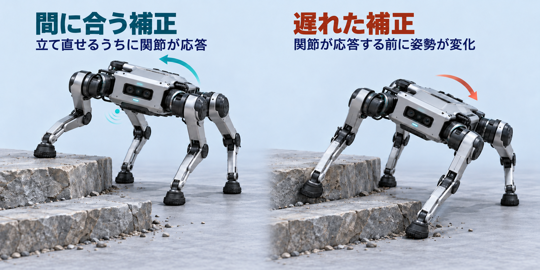 間に合った補正では、ロボットが立て直せる間に関節が応答します。遅れた補正では、関節が応答する前に姿勢が変わります。同じ四足歩行ロボットが、段差でバランスを保つ様子と傾く様子を示しています。
