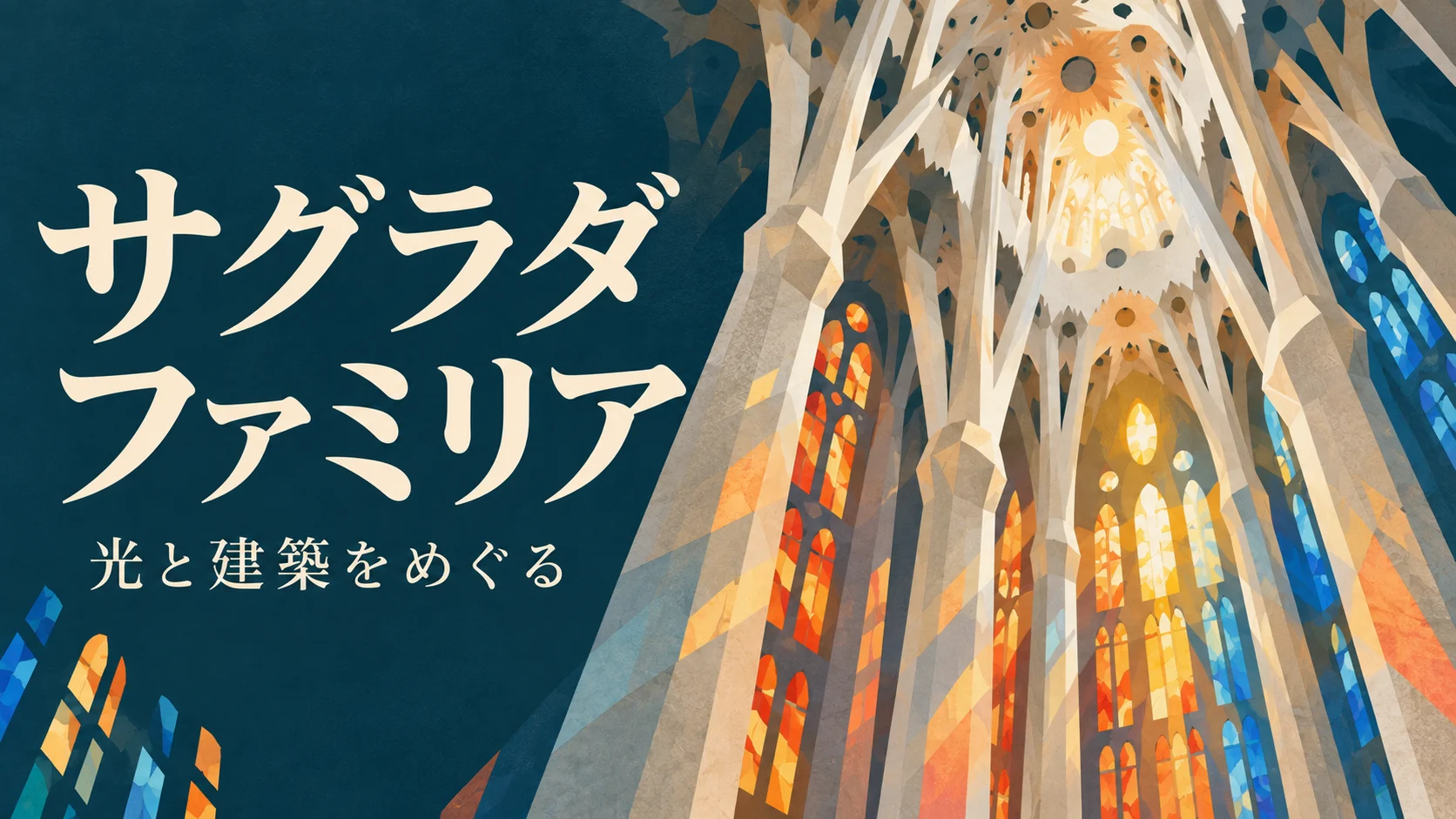 サグラダ ファミリア、光と建築をめぐる。枝分かれする柱と色ガラスの光を描いたイラスト