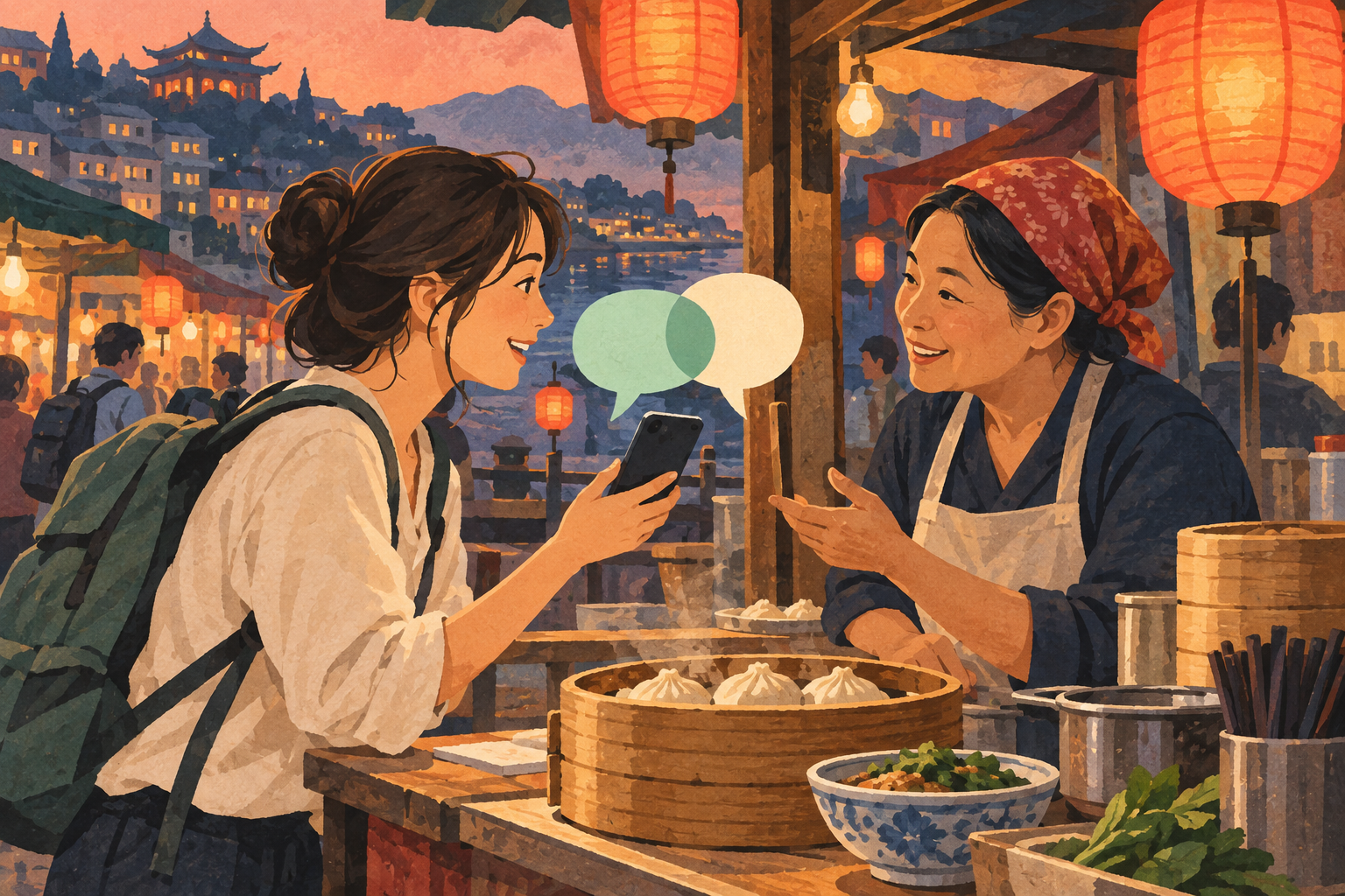 台湾の市場で旅行者と店員がスマートフォンを使って会話する、暖かな夕景のイラスト