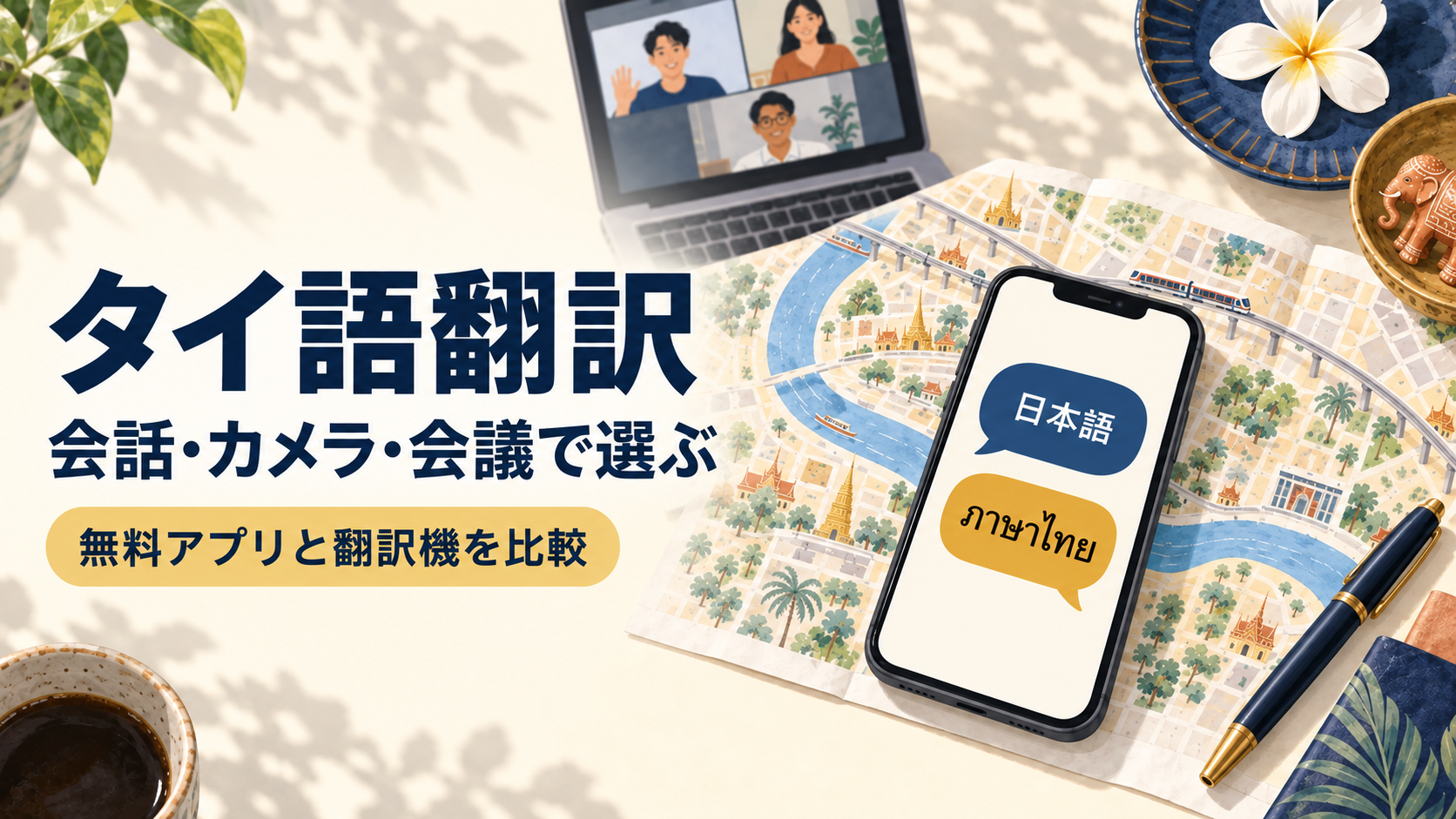 タイ語翻訳、会話・カメラ・会議で選ぶ。日本語とタイ語の吹き出しを表示するスマートフォンと、タイの地図、会議中のパソコン
