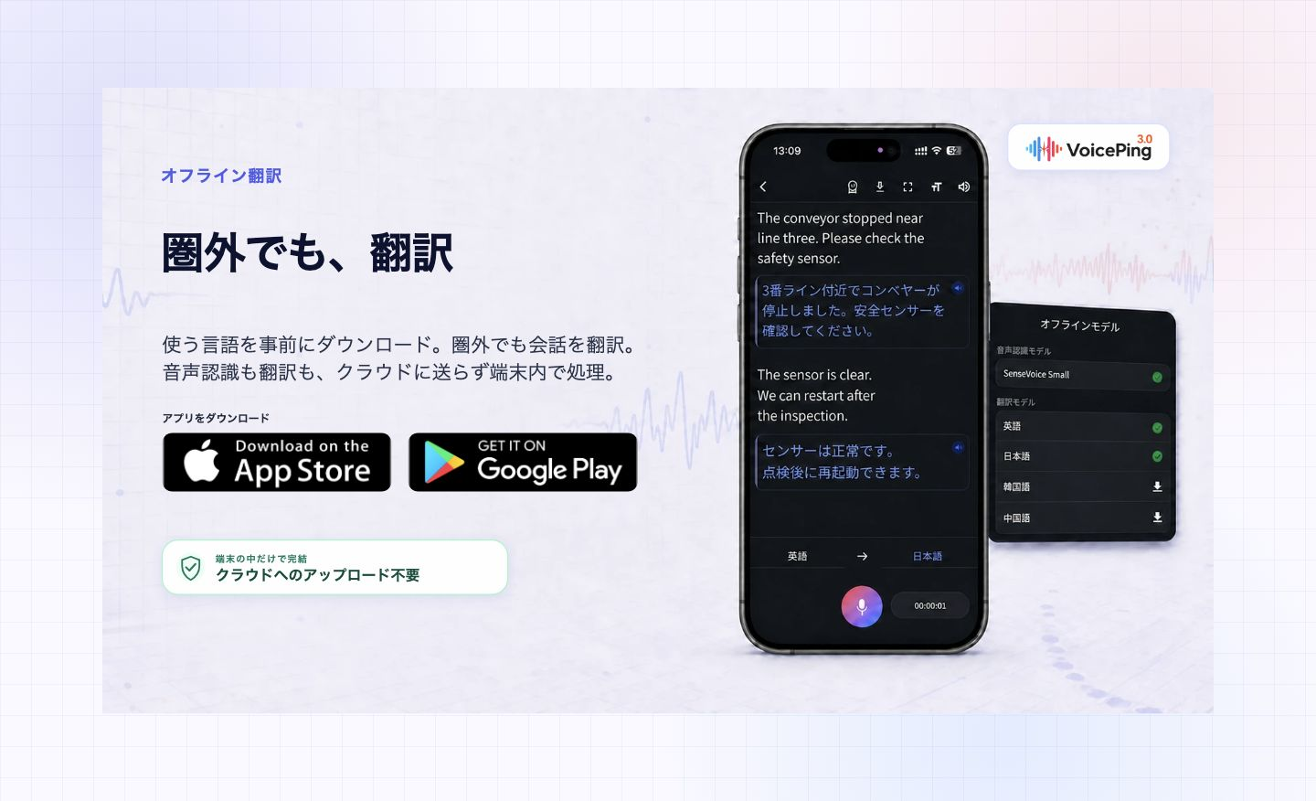 VoicePingオフライン翻訳の公式ページ。圏外での会話と、音声認識・翻訳を端末内で処理する仕組みを紹介