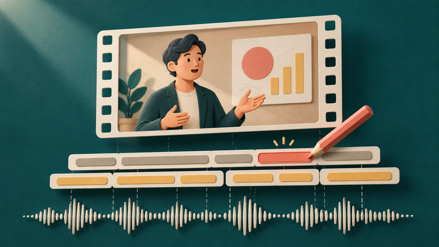 録画映像の下に並ぶ字幕と音声の波形を照合し、鉛筆で字幕を修正するイラスト