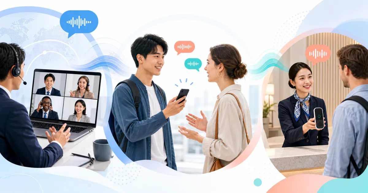 オンライン会議、スマートフォンでの対面会話、受付端末という音声翻訳アプリの3つの利用場面