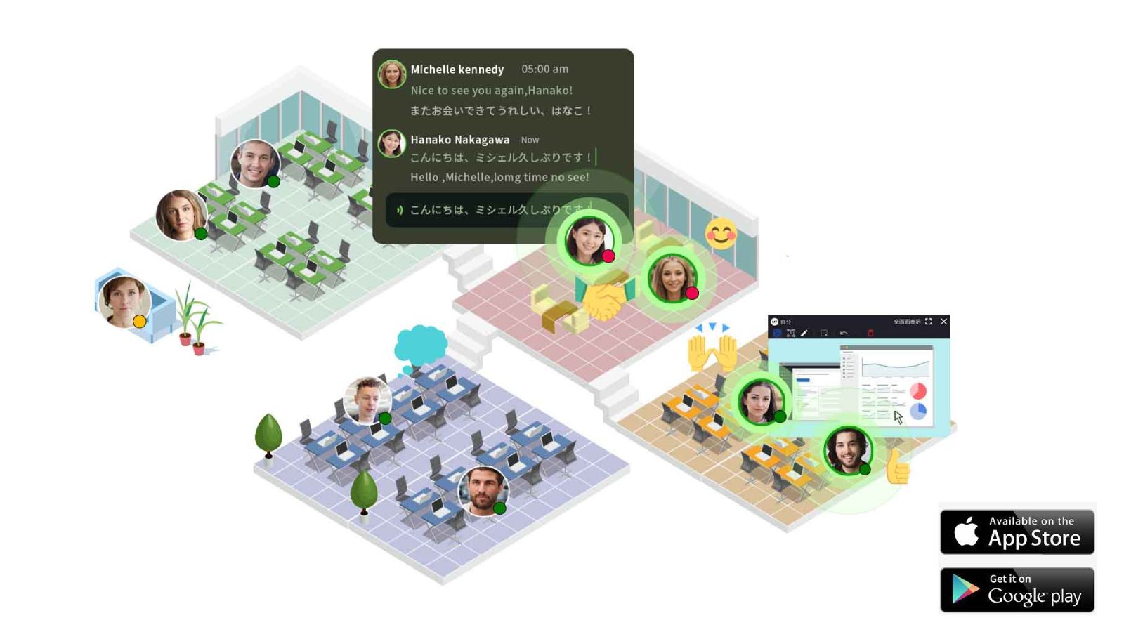 VoicePingの多言語バーチャルオフィス画面