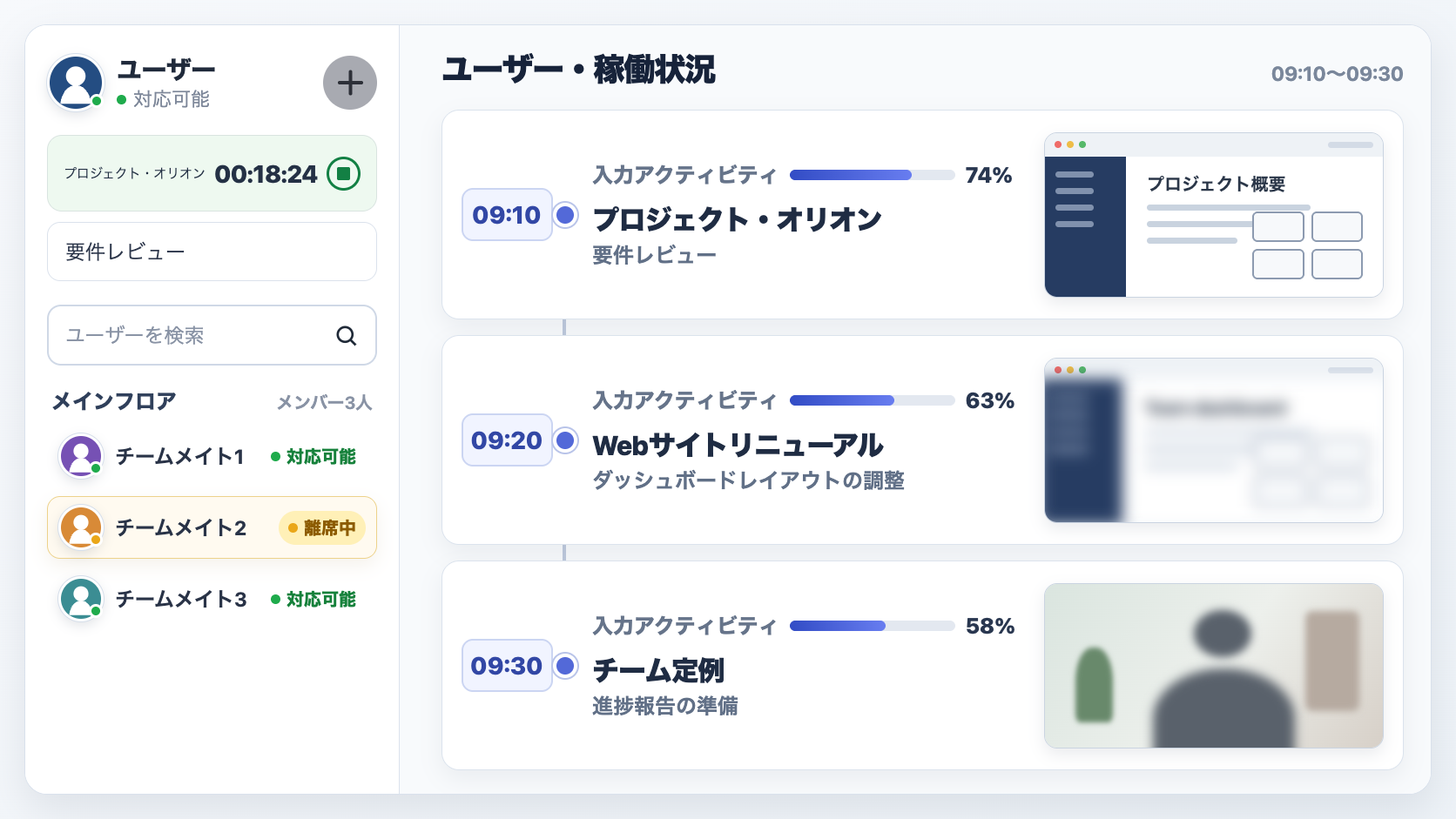 汎用ユーザーサイドバー、現在のプロジェクトタイマーと在席状況、デスクトップ・プライバシー加工済み・Webカメラの記録を示す3ステップの稼働状況タイムラインを表示する、VoicePingマネージャービューのイラスト