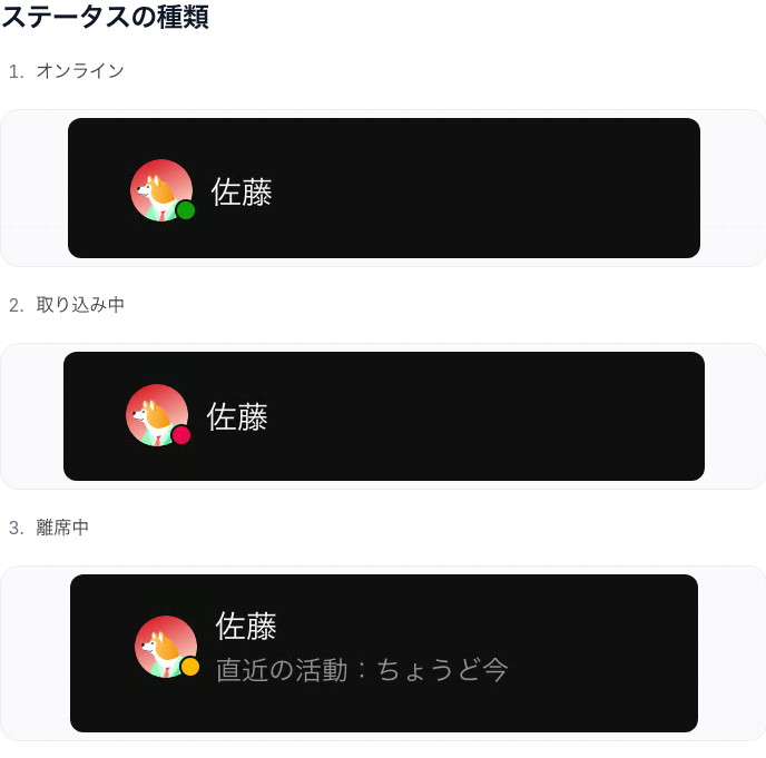 公式マニュアルに掲載されたオンライン、取り込み中、離席中の3種類のステータス表示