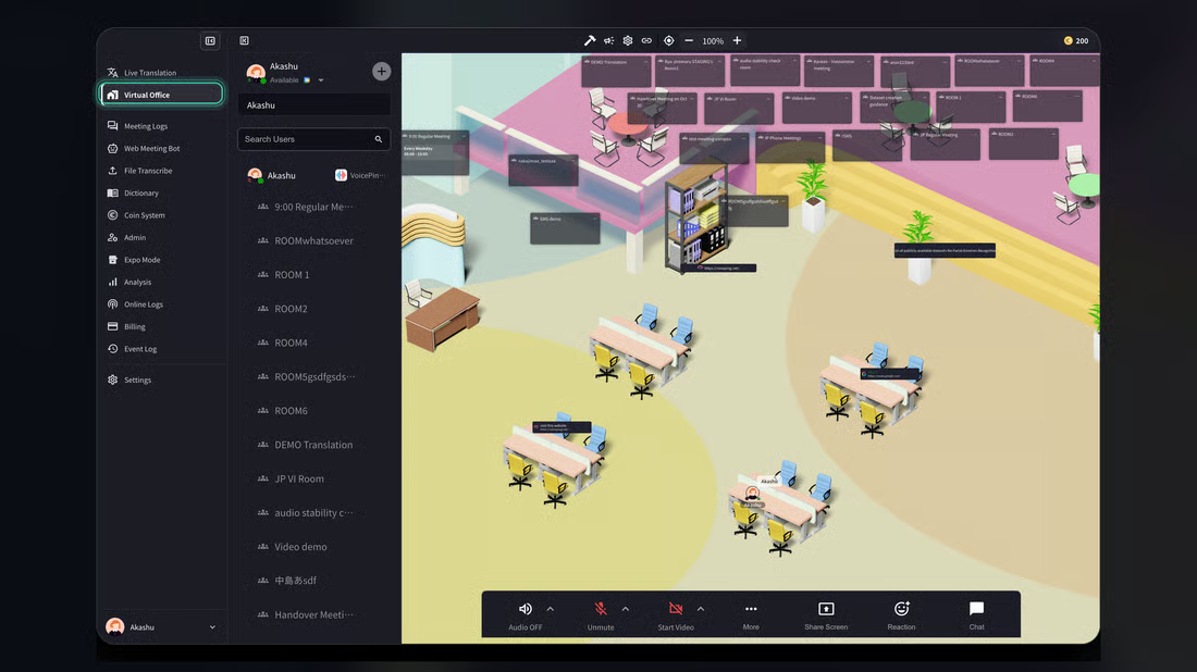 VoicePingのPCアプリでフロアを開く、左サイドバーのVirtual Office